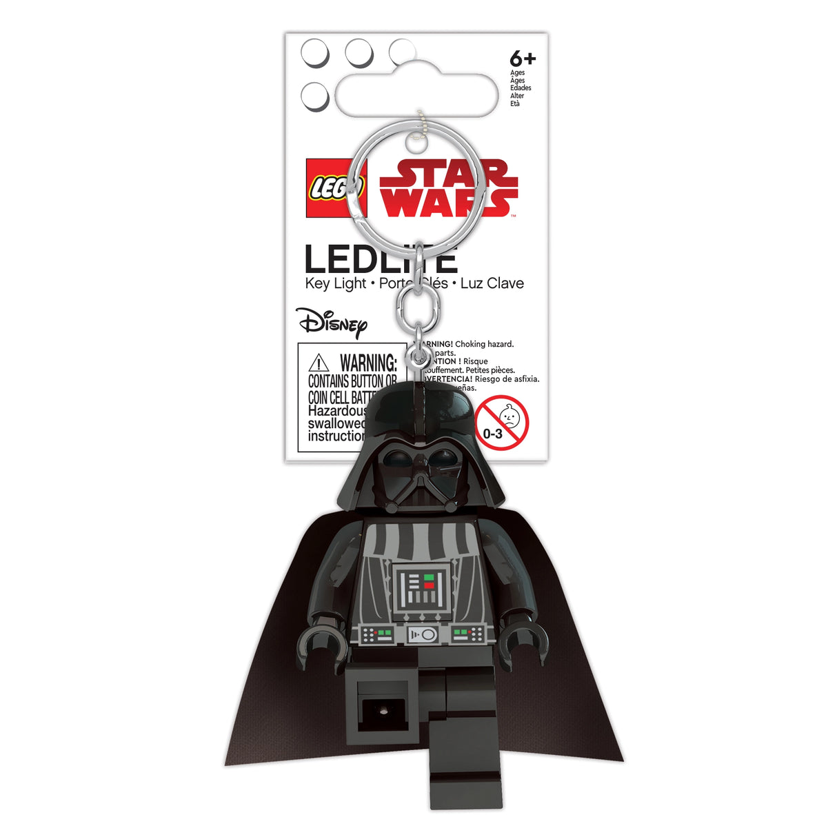 Lego Keylight | Star Wars Darth Vader figure keychain with LED light, metal ring, and posable arms and legs.