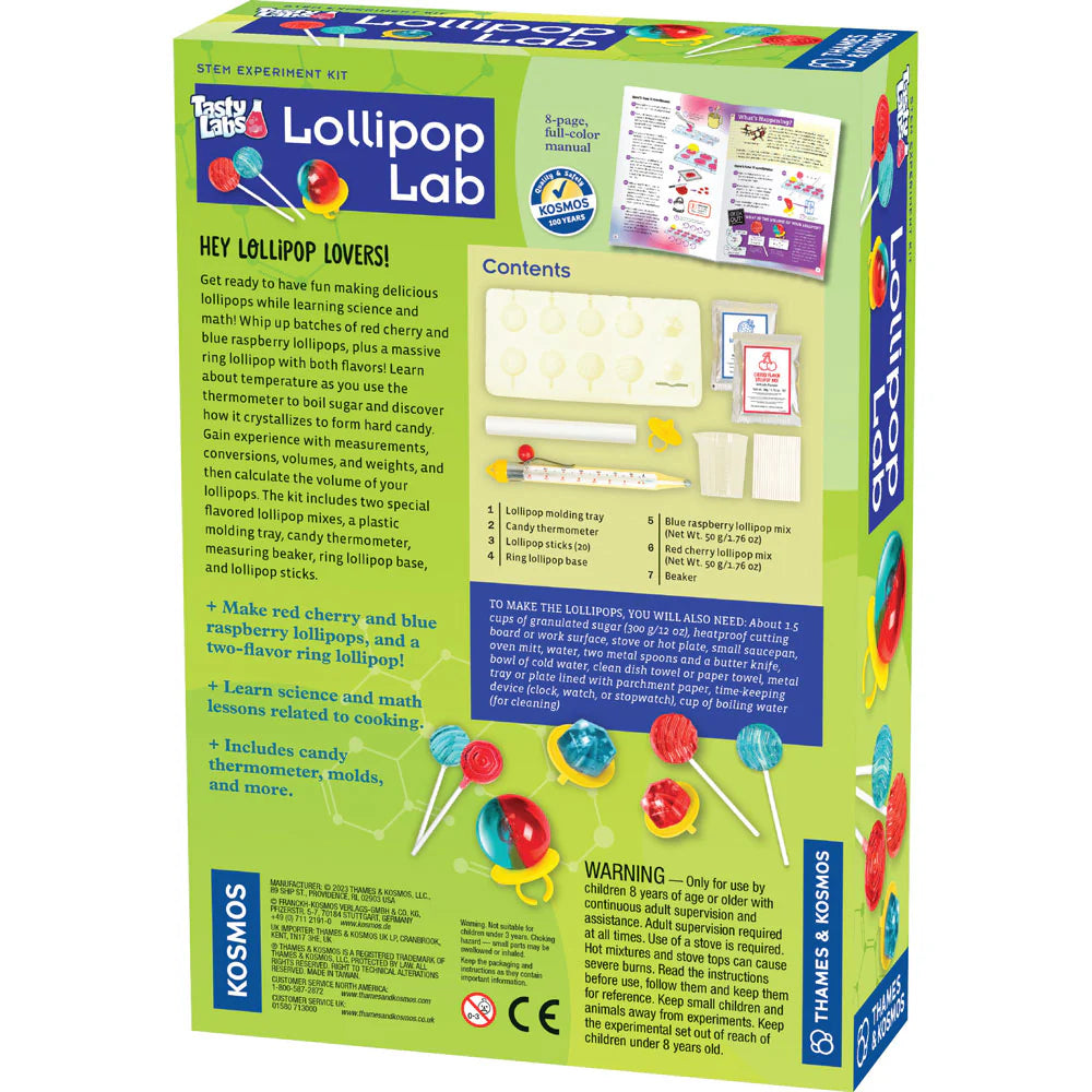 Lollipop Lab kit box showing candy molds, thermometer, and colorful red and blue lollipops for kids 8+ learning science and math.