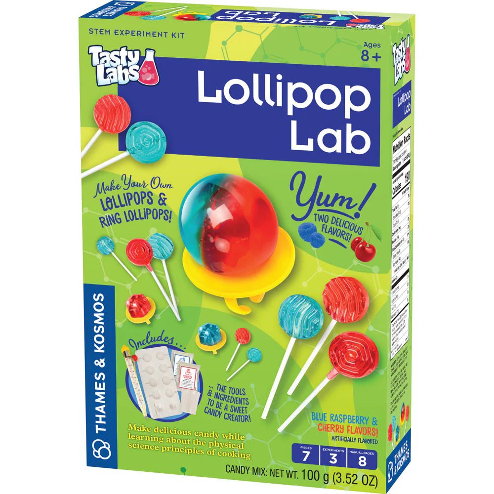 Lollipop Lab STEM kit with lollipop mixes, molding tray, thermometer, and sticks for fun science candy experiments.