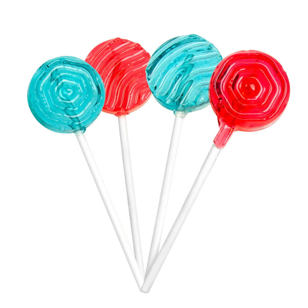 Lollipop Lab shows four red cherry and blue raspberry swirl lollipops on white sticks against white background.