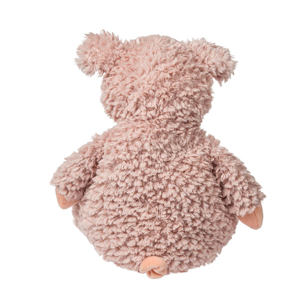 Soft textured plush with floppy feel shown from back for toddler playtime, Snuggables Pig stuffed toy.