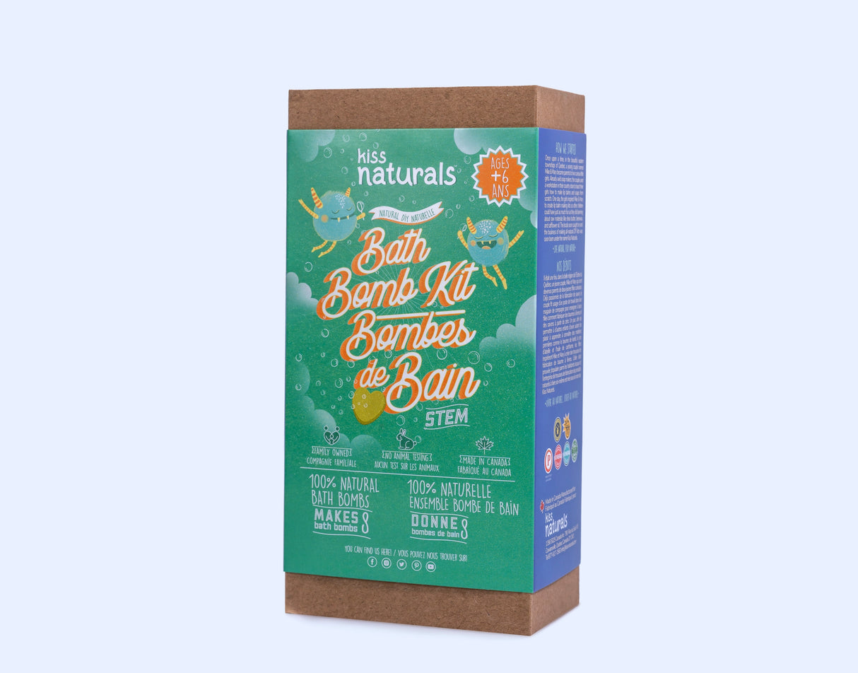 DIY Bath Bombs Kit box with natural ingredients for making bath fizzies, designed for fun and learning at home.