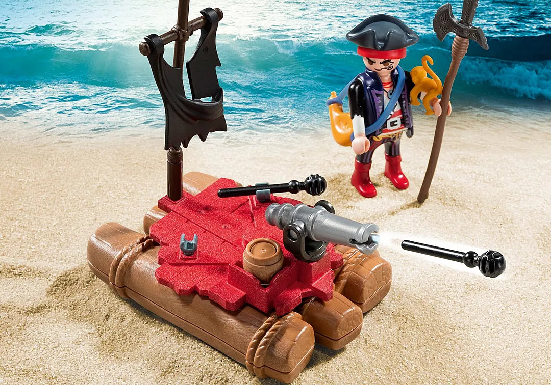 Pirates | Pirate Raft Carry Case with pirate figure cannon and black flag on a beach raft