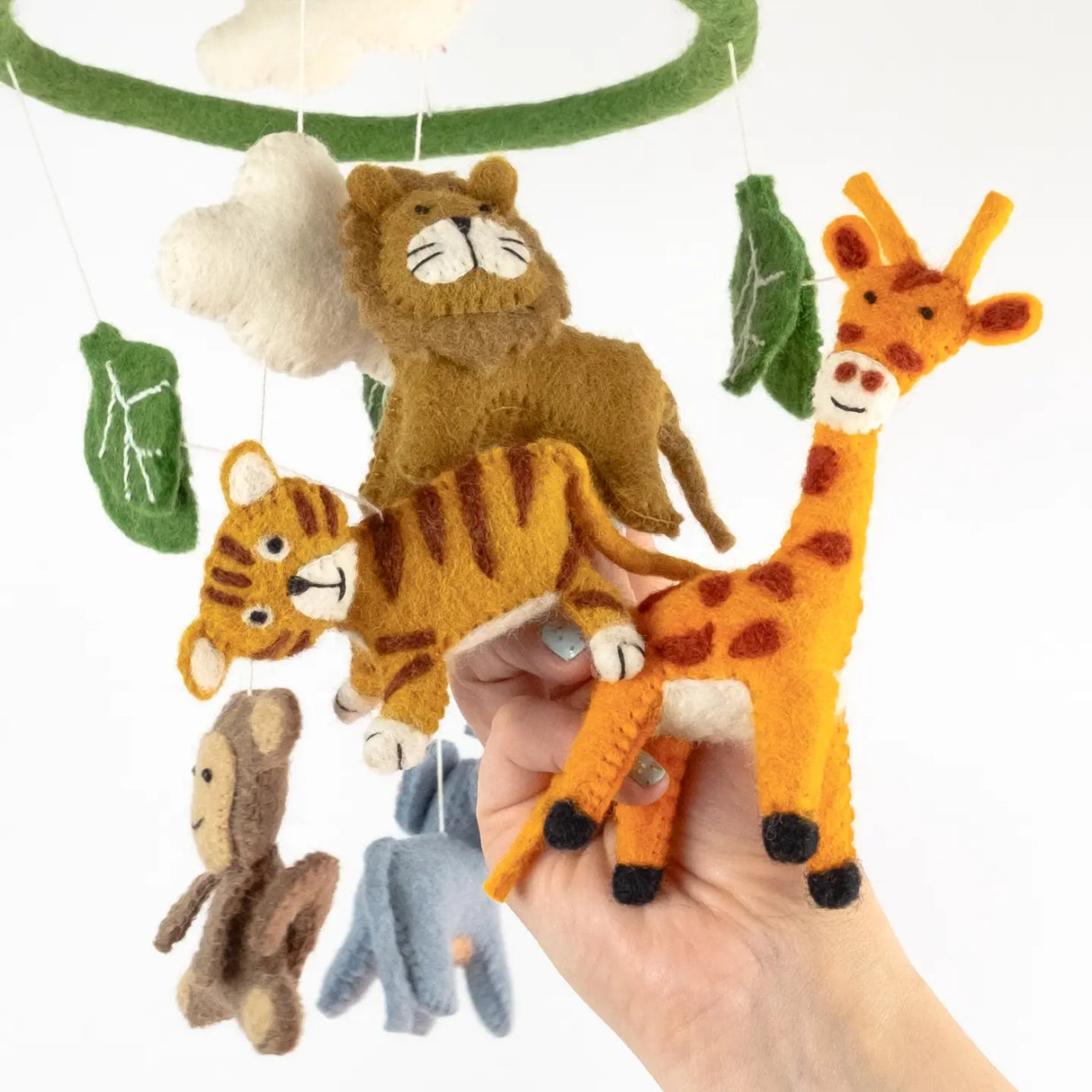Felt Mobile | Baby Jungle Animal featuring handmade felt lion, tiger, giraffe, monkey, and elephant hanging nursery decor.