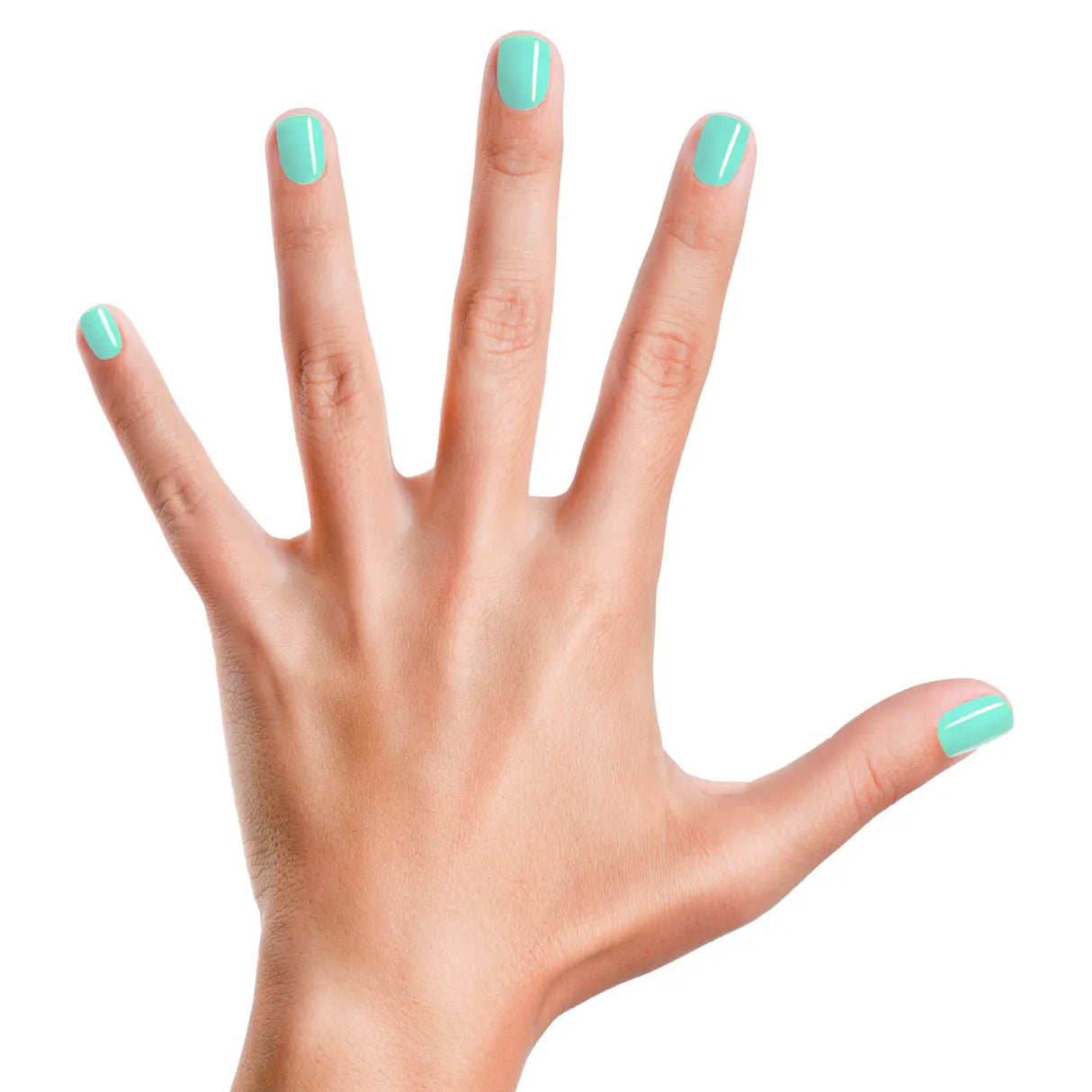 Hand with nails painted in vibrant turquoise color using Nail Polish Sea Ya Later water-based formula.
