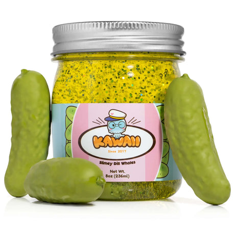 Shimmery Pickle Clear Slime in jar with glitter and three green pickle-shaped erasers on white background