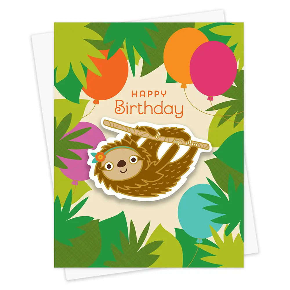 Forest Sloth Birthday Sticker Card with happy sloth illustration and colorful balloons on leafy background