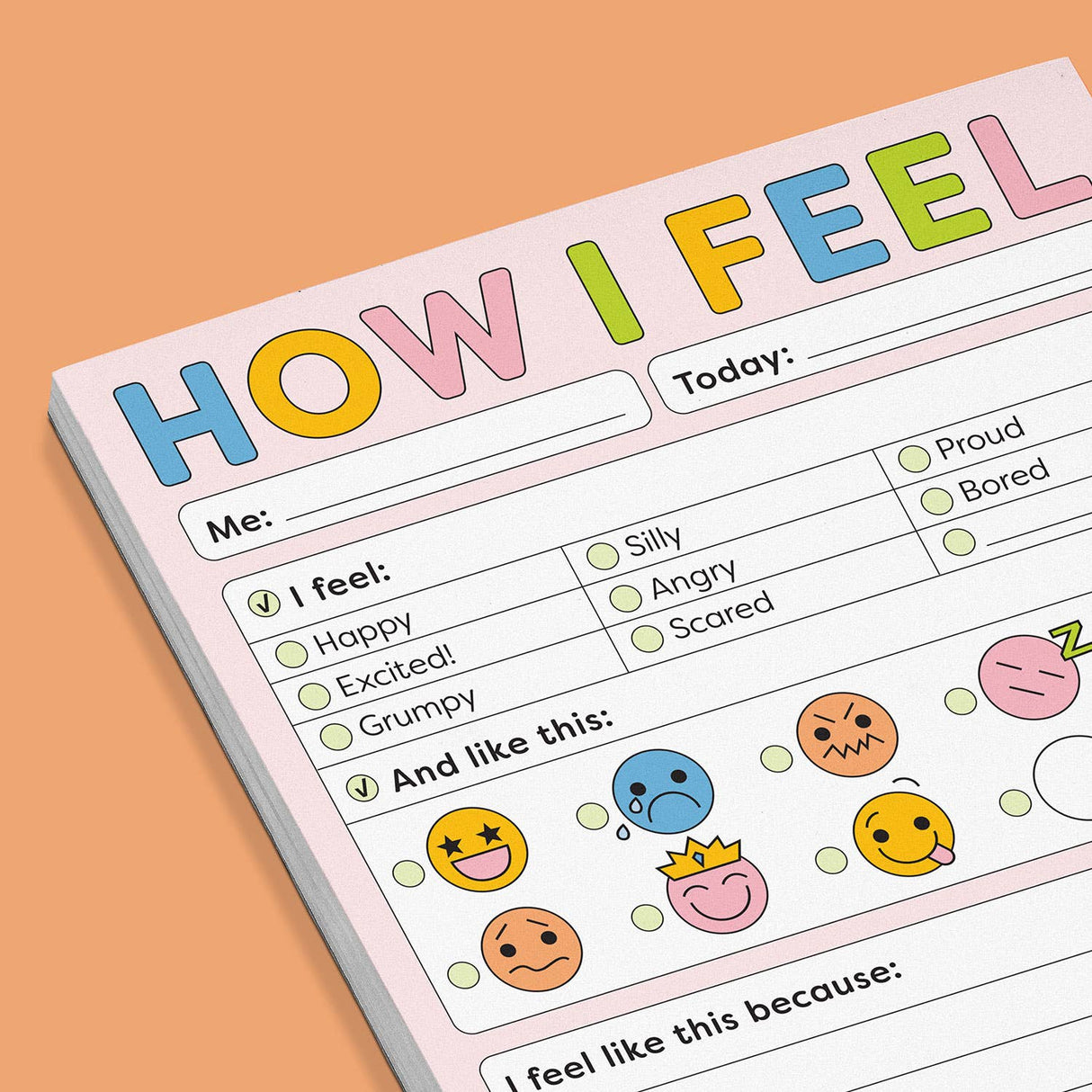 Kids feelings chart pad with checkboxes and emojis to help identify and express different emotions each day
