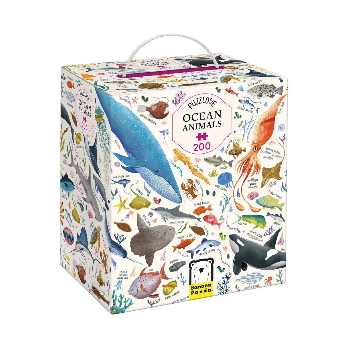 200pc PuzzLove Ocean Animals Puzzle box featuring colorful sea creatures including whales, squid, and fish.