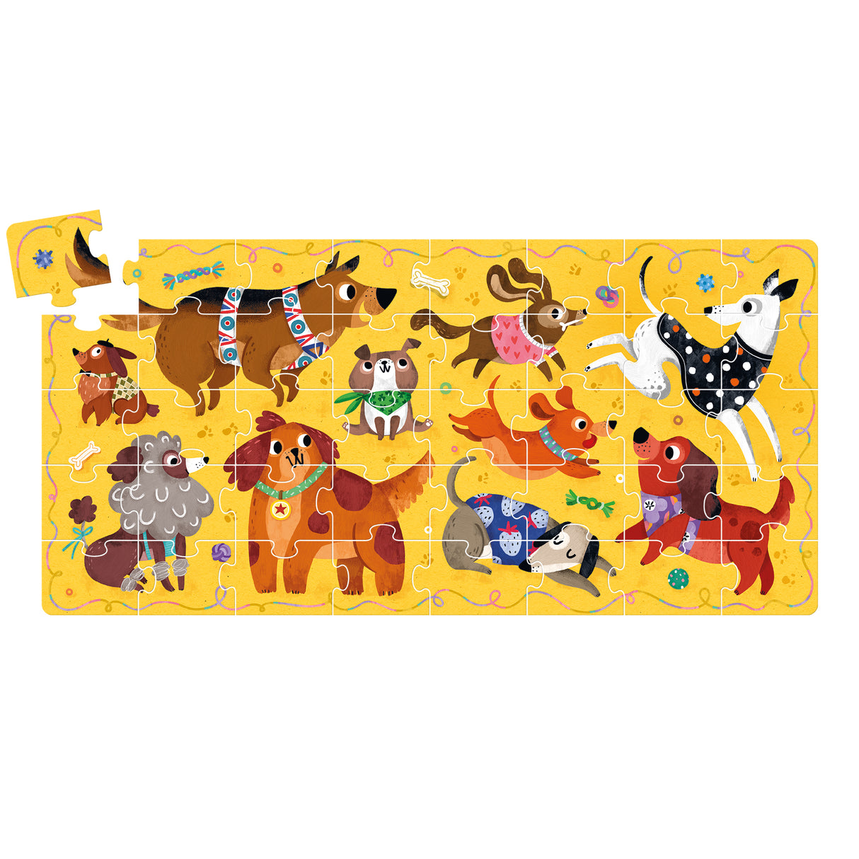 40pc I Love Dogs Puzzle featuring colorful playful dogs and puppies on a yellow background for kids ages 3 and up.