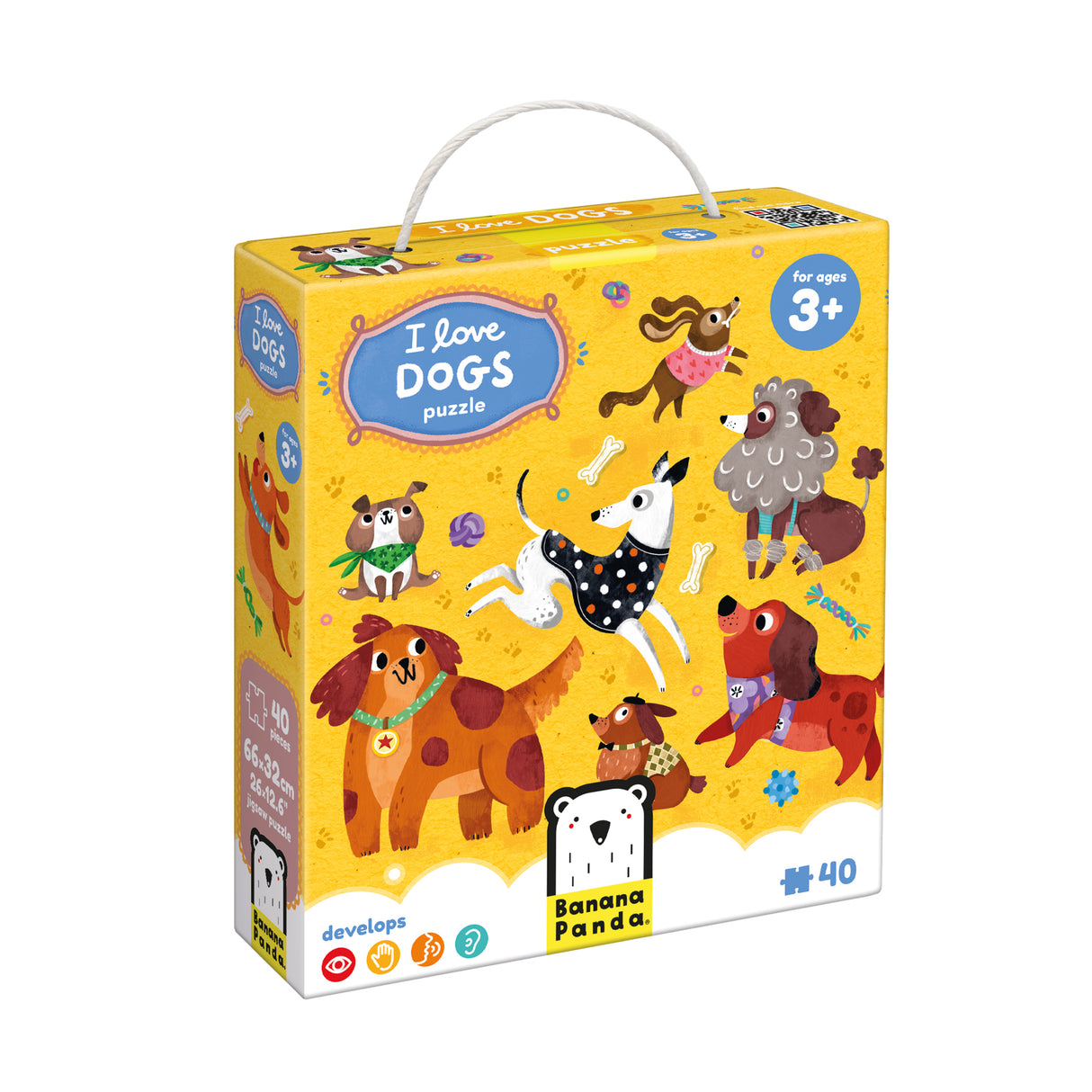 40pc I Love Dogs Puzzle with colorful playful puppies on yellow box for ages 3 and up developing observation and motor skills