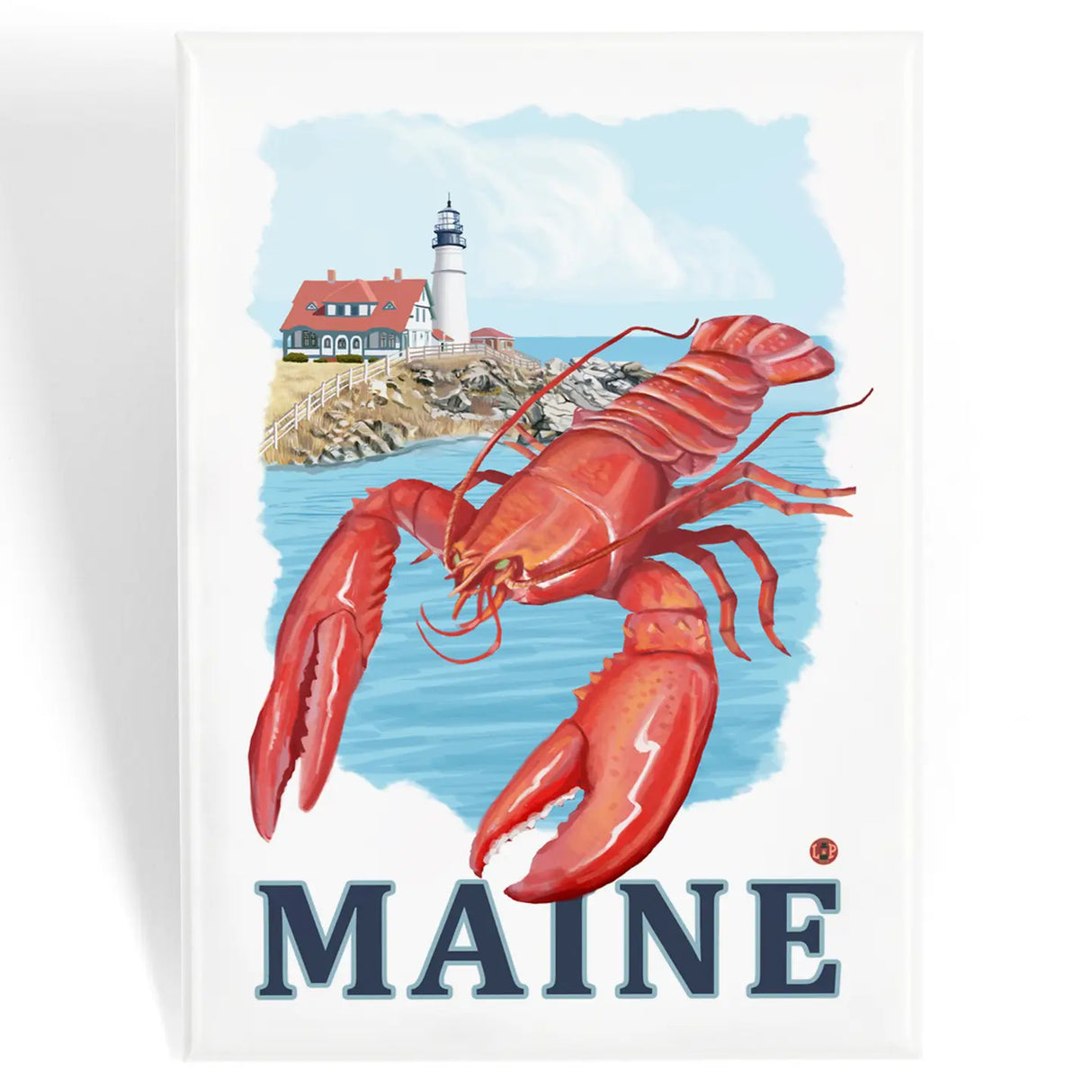 Maine Lobster & Portland Head Magnet featuring a red lobster and lighthouse on eco-friendly FSC certified paper.