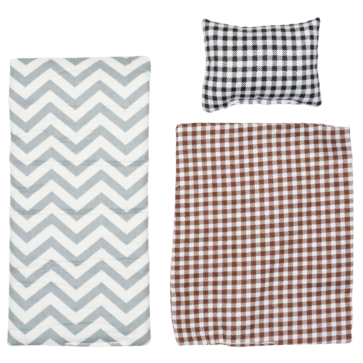 Gray and brown patterned fabric bedding set with a pillow, blanket, and mattress for a small doll or toy