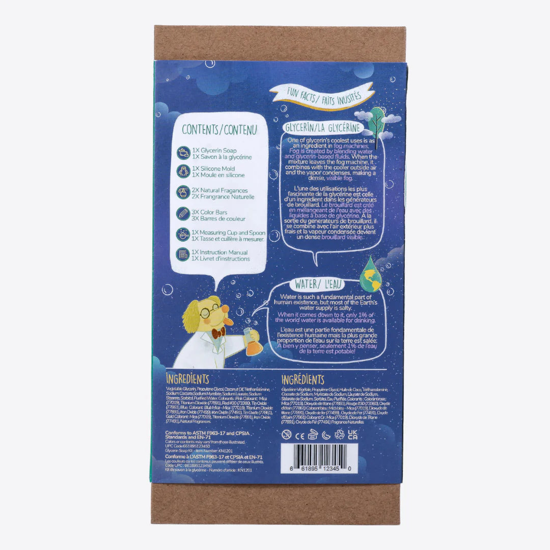 DIY Glycerin Soap Kit box back showing contents, instructions, and fun soap-making illustrations for kids.