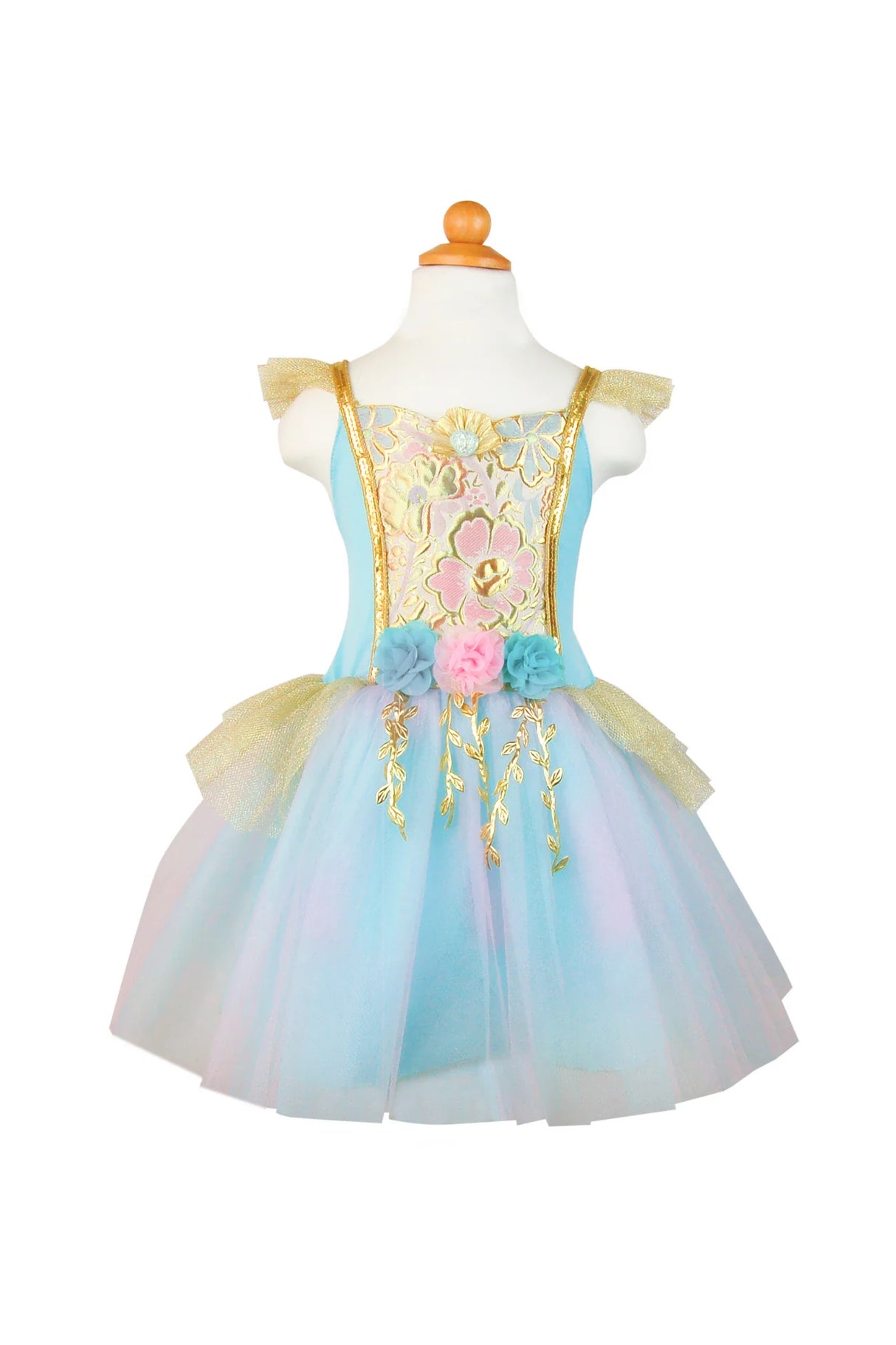Mermalicious Dress with Tail featuring metallic brocade bodice, pastel blue shimmer tulle skirt, and floral gold accents.