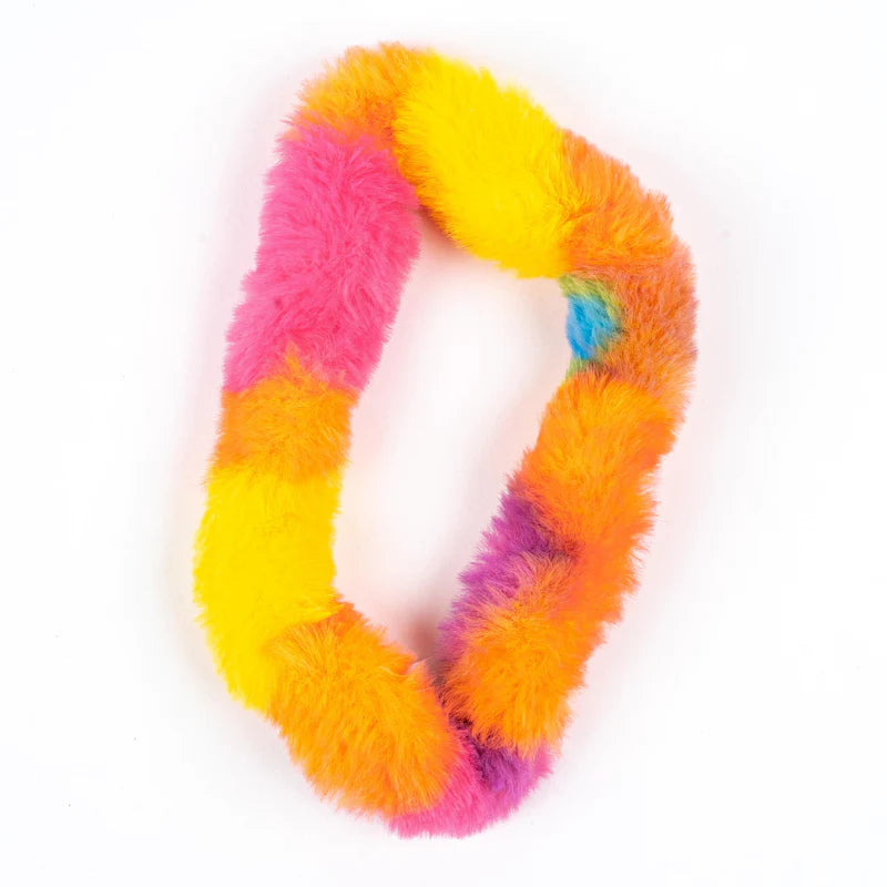 Colorful soft and furry tactile fidget toy shaped in a loop, called Tangle | Furry, for sensory play and relaxation.