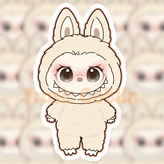 Cute cream-colored Labubu character sticker with big eyes and bunny ears in a 3-inch vinyl design