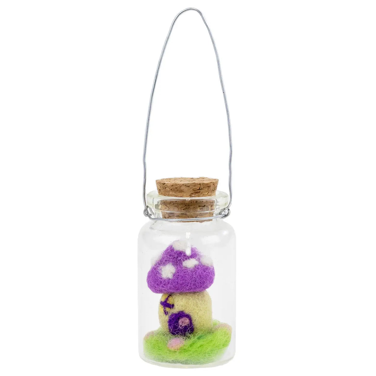 Tiny Mushroom House Bottle Ornament with a purple felt mushroom home inside a clear hanging glass bottle.