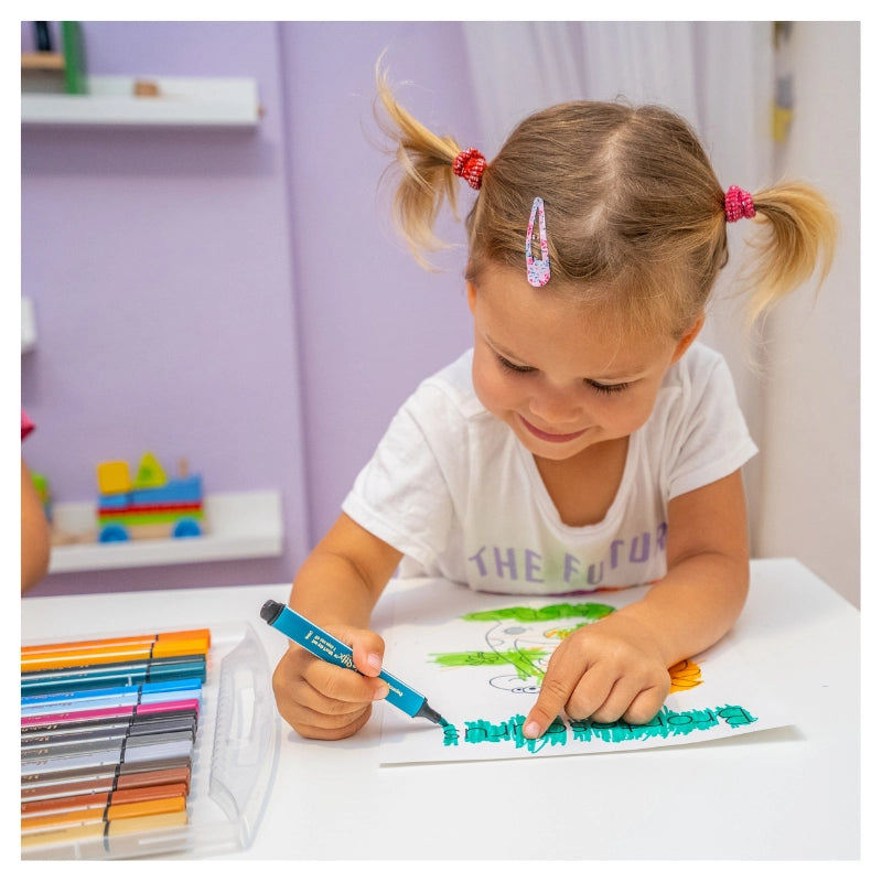 Young girl coloring a drawing using Magic Stix Markers 24pc with vibrant washable colors on white paper.