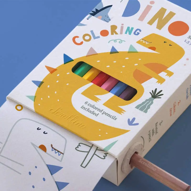 Scrollino Coloring Book | Dino packaging showing colorful dinosaur design and six included colored pencils.
