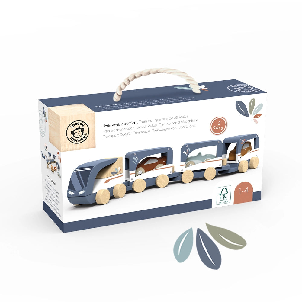 Wooden train vehicle carrier toy with three colorful cars designed for toddlers aged 12 months and up.