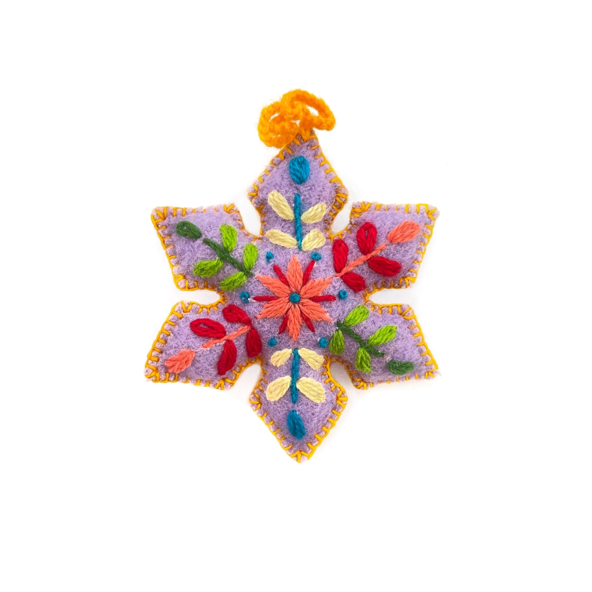Colorful Snowflake Embroidered Ornament made of wool with vibrant embroidery in a unique handmade design from Peru.