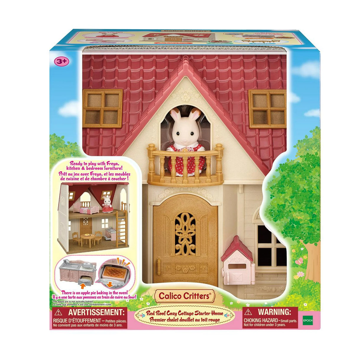 Red Roof Cozy Cottage Starter Home with red roof, balcony, and Calico Critters chocolate rabbit figure inside.