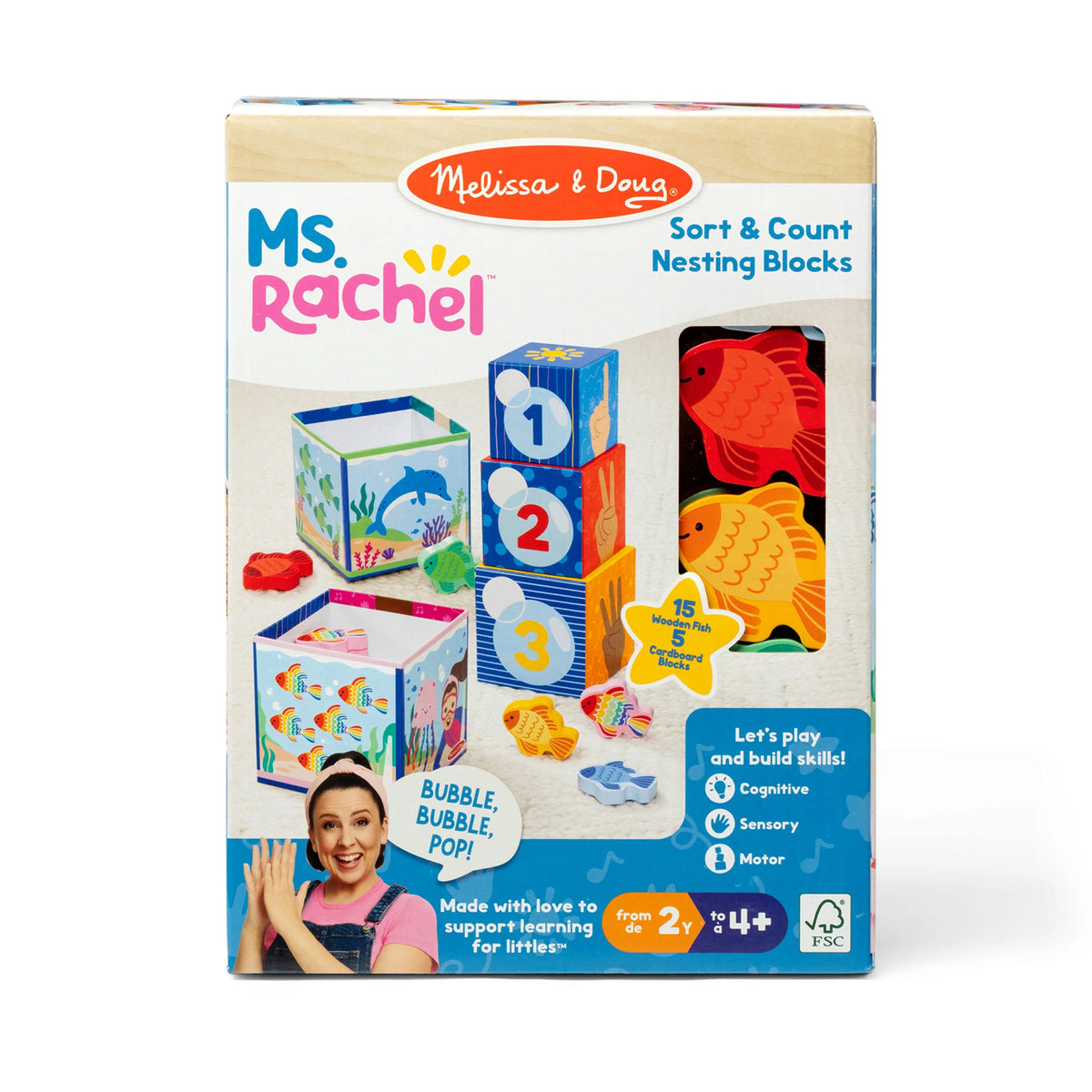 Ms Rachel Sort & Count Nesting Blocks toy box with colorful numbered blocks and animal shaped nesting pieces