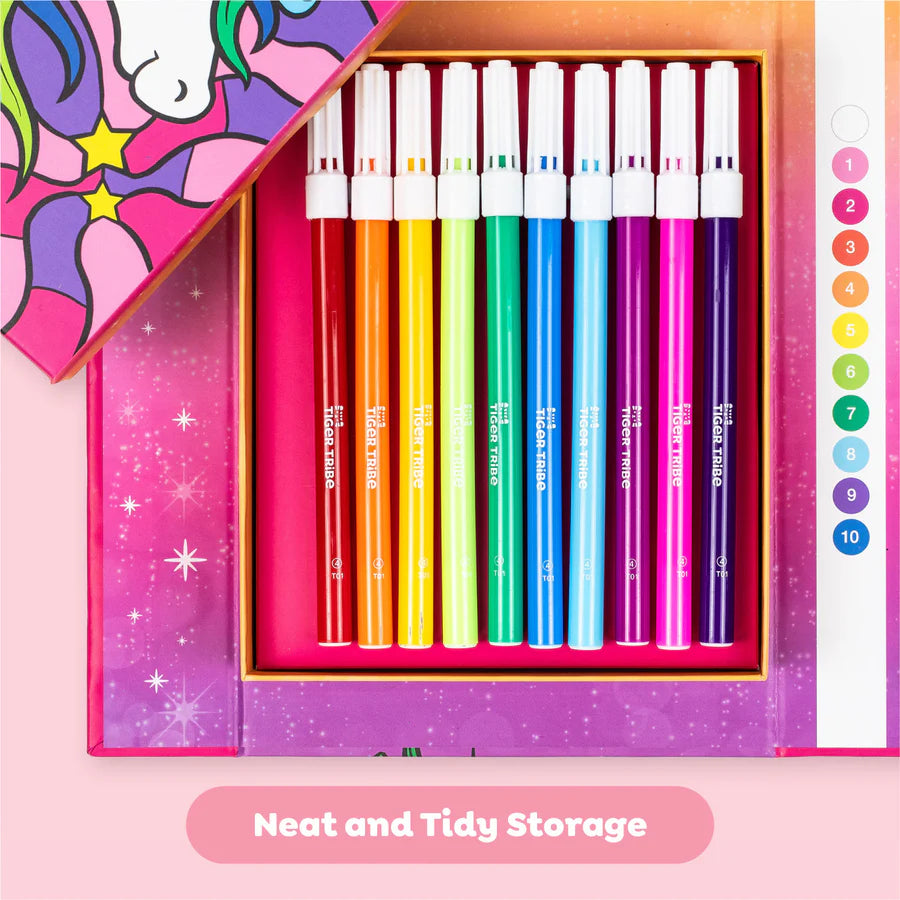 Set of ten colorful brush markers neatly arranged in a vibrant pink box with a unicorn-themed lid design