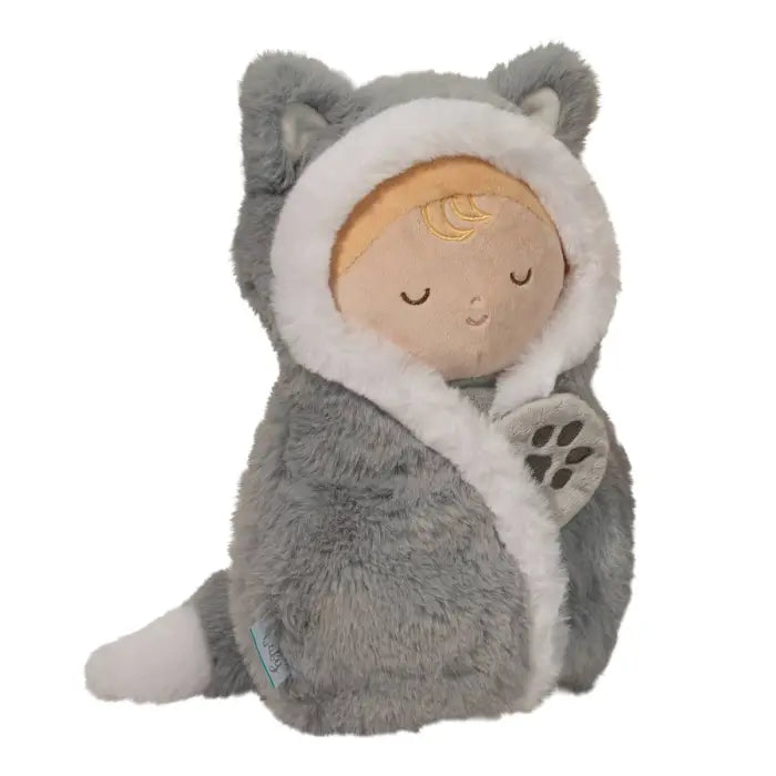 Baby Wolf Hug soft doll wrapped in a gray and white plush swaddle with wolf ears and tail.
