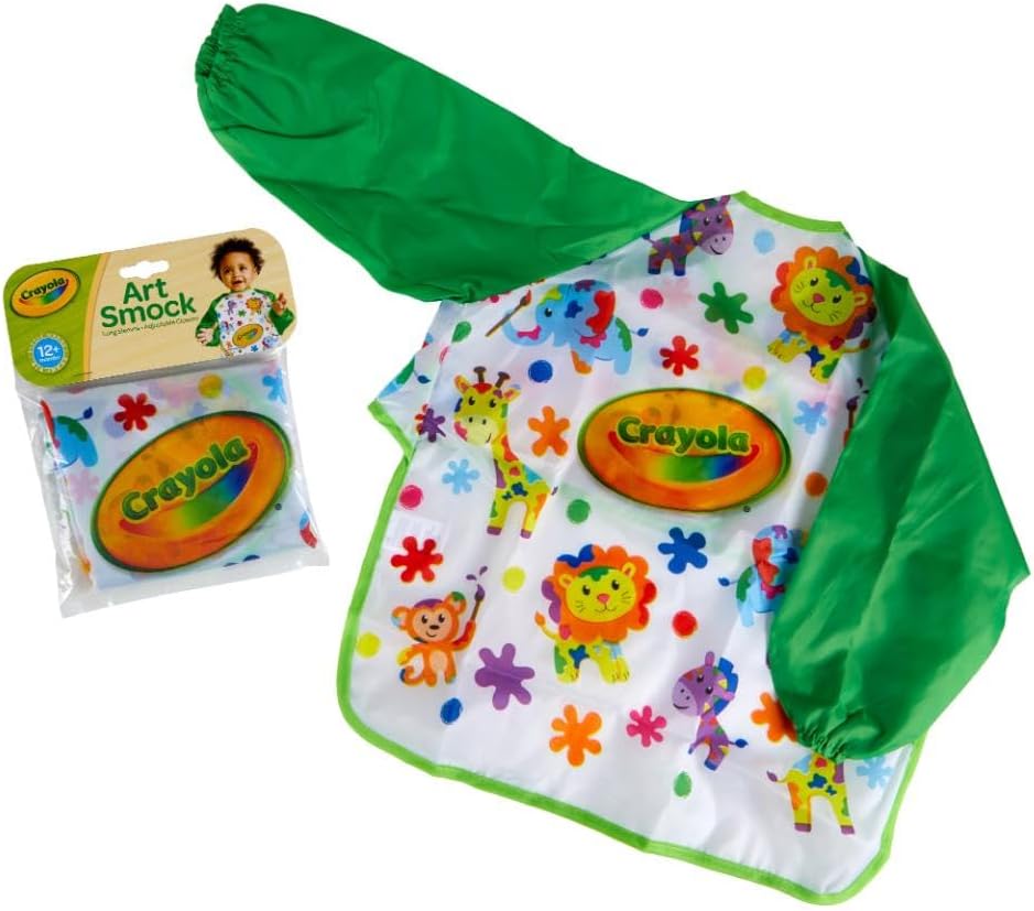 Young Kids Art Smock with colorful animal prints and green sleeves, designed to protect toddlers' clothes during creative activities.