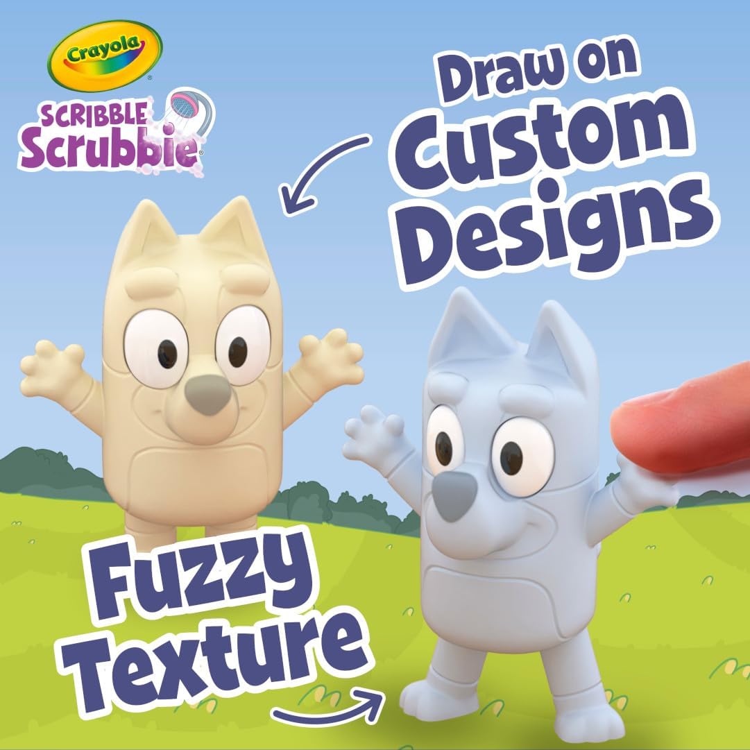 Crayola Scribble Scrubbie Bluey figures with fuzzy texture kids can color, customize, and wash for endless fun.