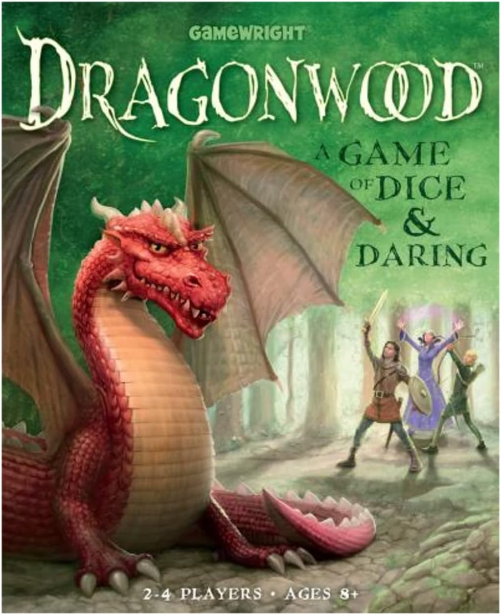 Dragonwood features a fierce red dragon and three adventurers ready for a daring game of dice and strategy.