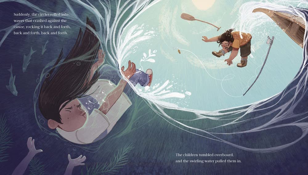 Illustration from The Song That Called Them Home showing children pulled underwater by swirling water and mysterious creatures.