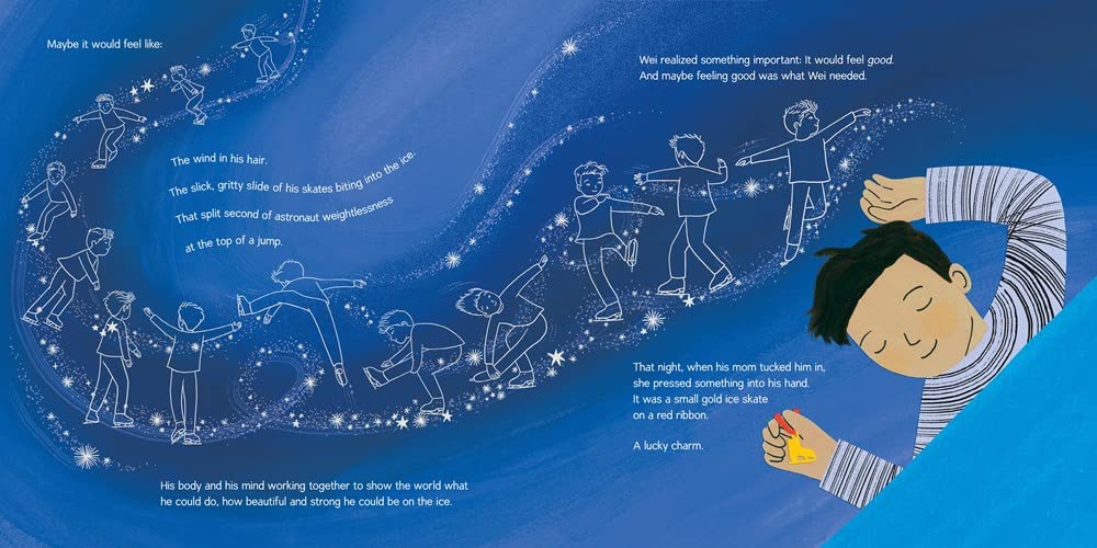 Illustration from Wei Skates On showing a boy imagining figure skating moves with joyful, flowing lines on a blue background.