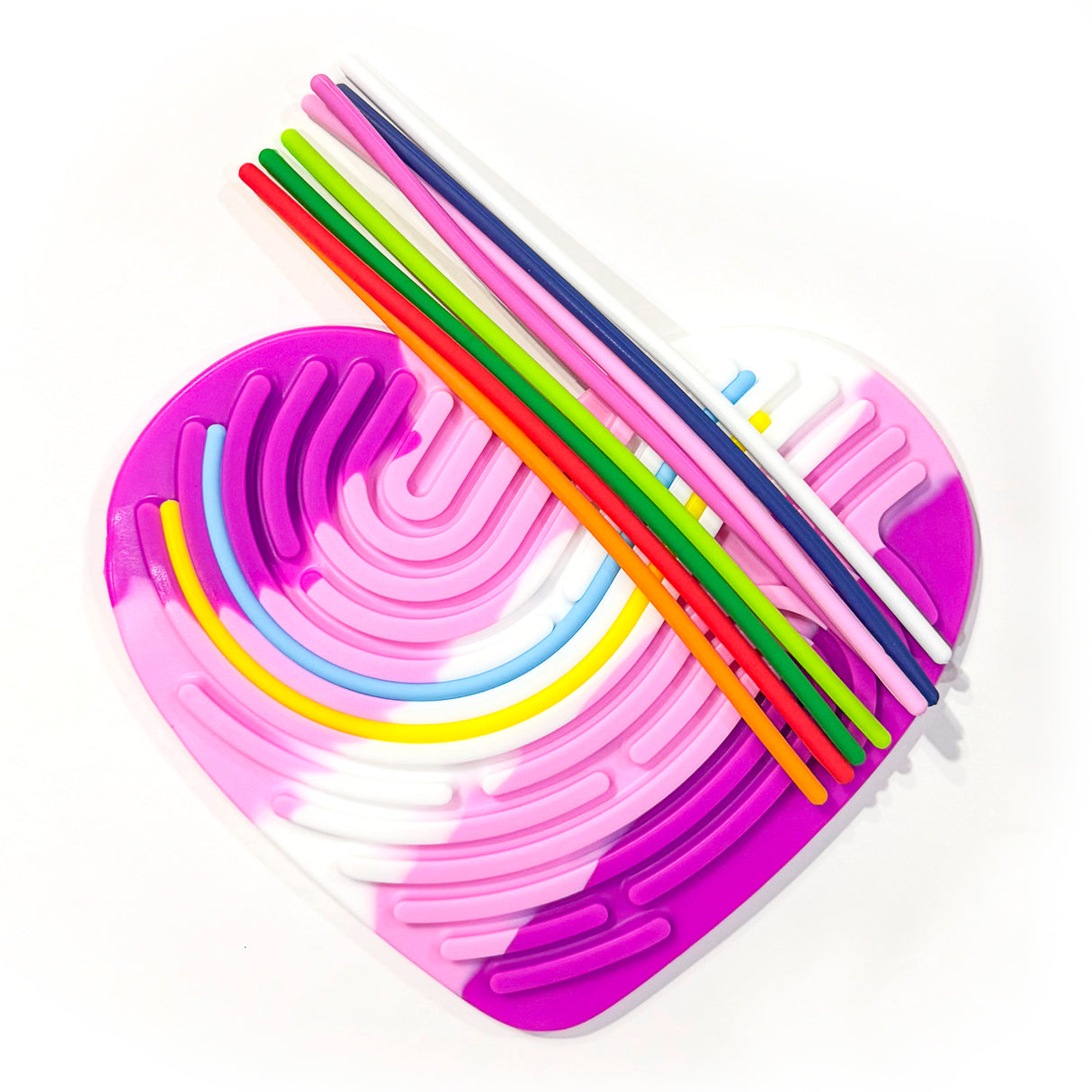 Silly Tubes Silicone Sensory Toy in a heart shape with bright colorful strings for tactile sensory play and stress relief.