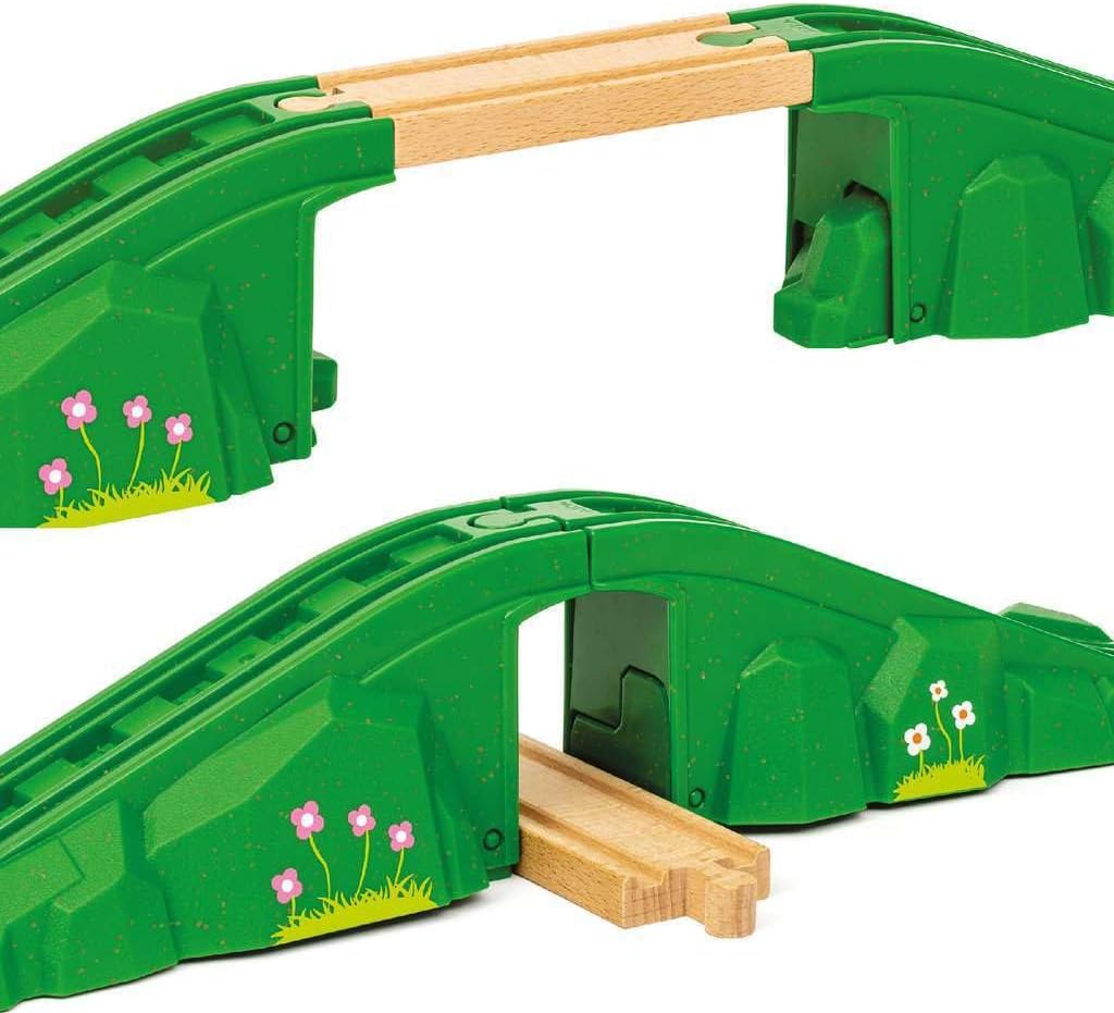 Green arch bridge toy with wooden track pieces and floral details for elevated train play sets