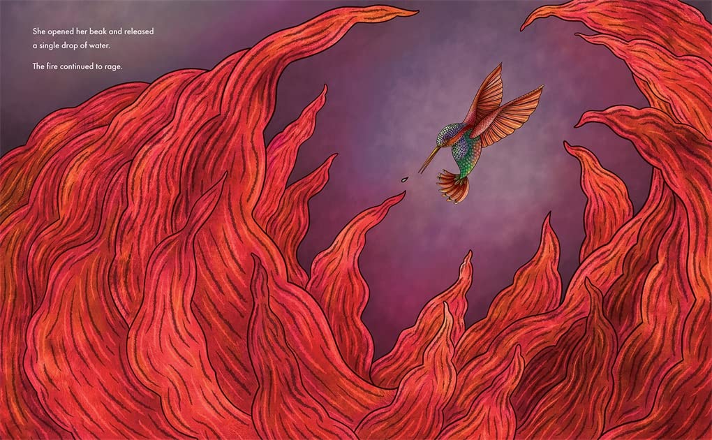 Illustration from The Courage of the Little Hummingbird showing a hummingbird flying over raging red forest flames.