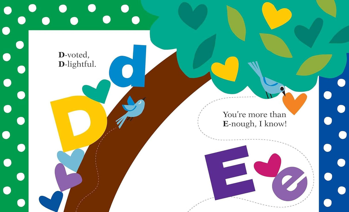 Chicka Chicka I Love Dad book page with colorful letters D and E, hearts, and playful birds in a tree.