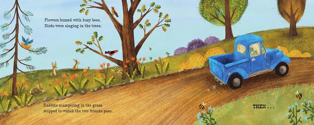 Illustration from Little Blue Truck and Racer Red showing Blue Truck driving on a country road with flowers and trees.