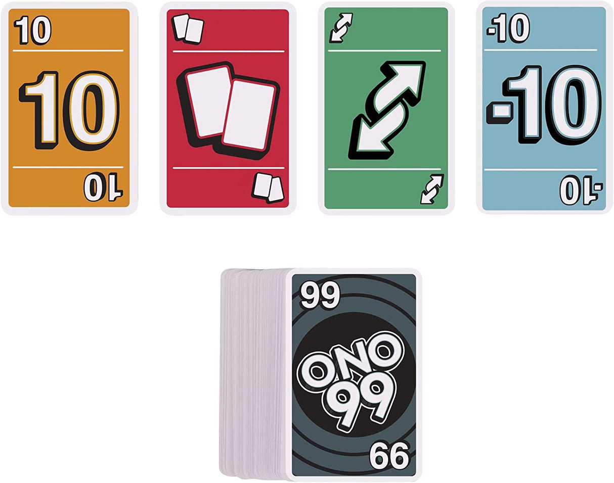 Ono 99 card game with colorful cards including numbers, reverse, draw 2, and minus 10 action cards.