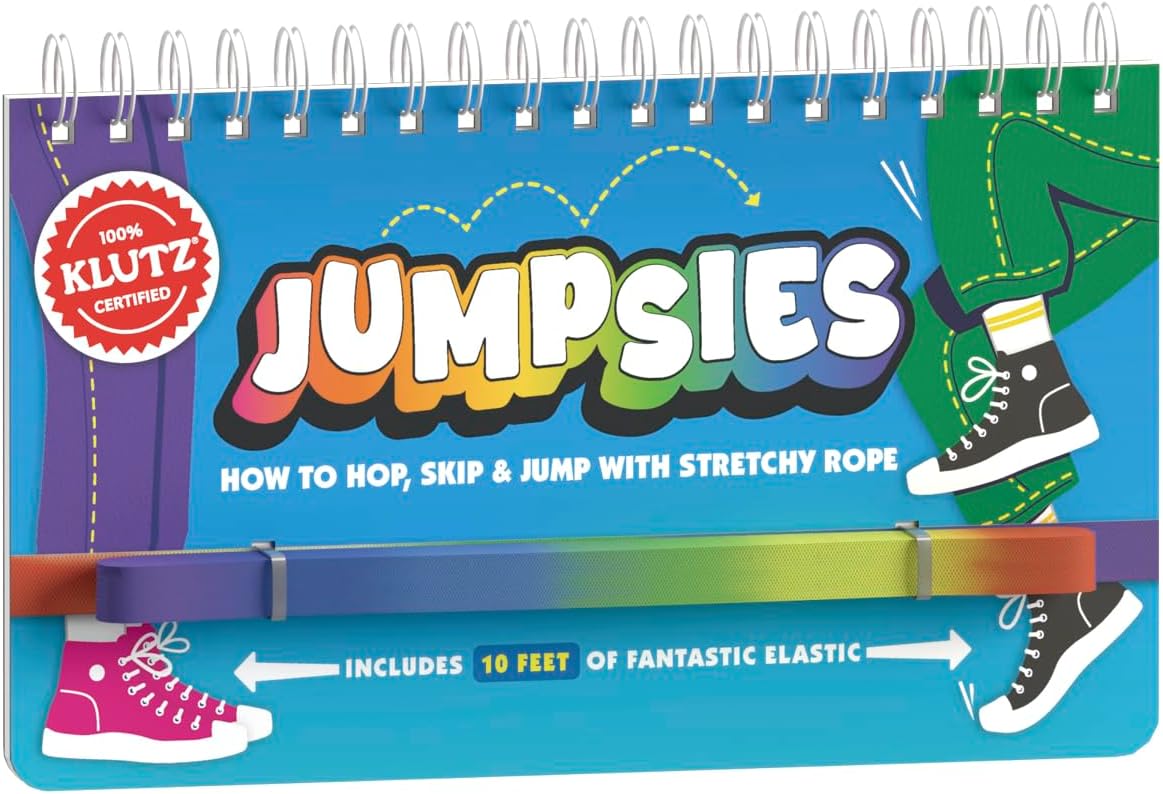 Jumpsies instructional book with a colorful 10-foot stretchy rope for hop, skip, and jump games for all skill levels.