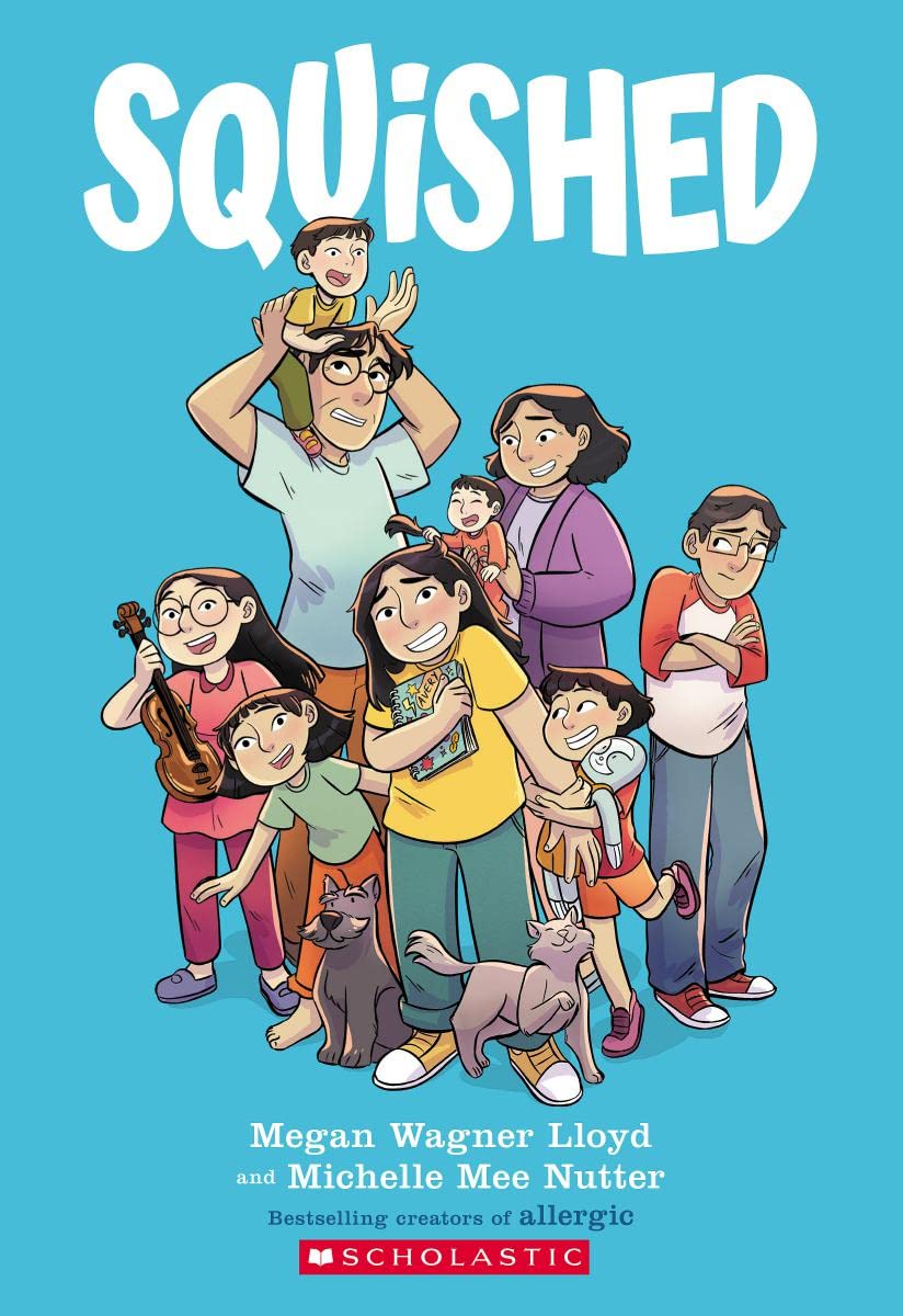 Illustration of a large family with kids and pets under the title Squished, showing chaotic and lively home life.