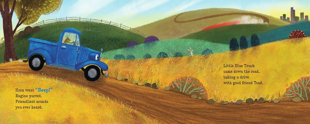 Illustration from Little Blue Truck and Racer Red showing Little Blue Truck driving on a country road with fields and hills.