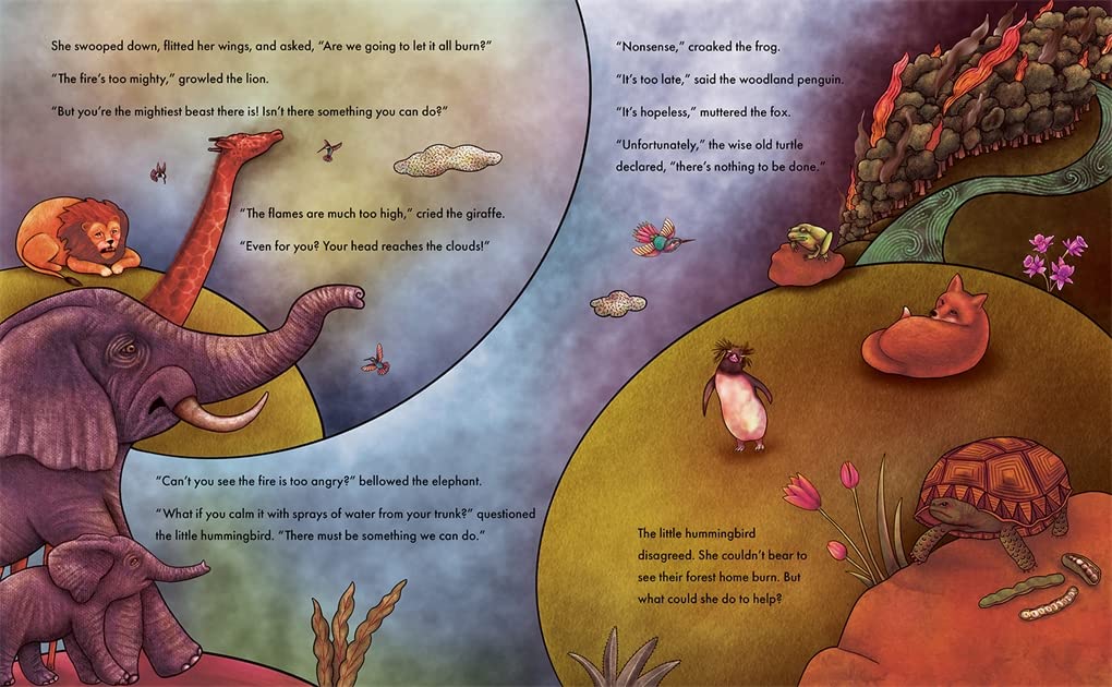 Illustration from The Courage of the Little Hummingbird showing animals facing a forest fire together in a vibrant forest scene.