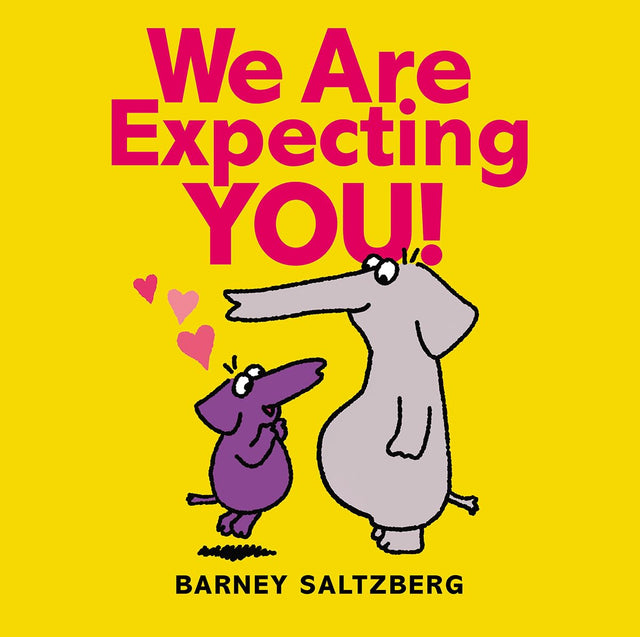 Cover of "We Are Expecting You!" showing two elephants, one pregnant, with love hearts on a bright yellow background.