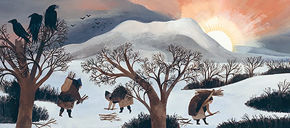 The Shortest Day illustration shows villagers gathering wood under a setting sun amid snowy hills at dusk.