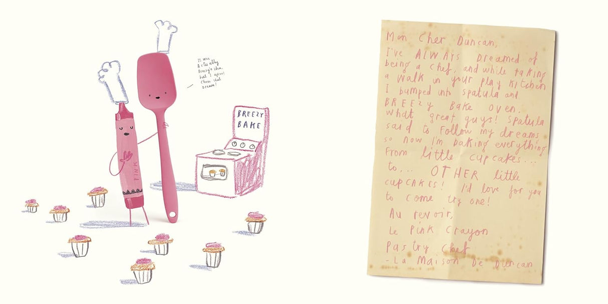 Illustration from The Day the Crayons Made Friends showing crayons with kitchen utensils and cupcakes.