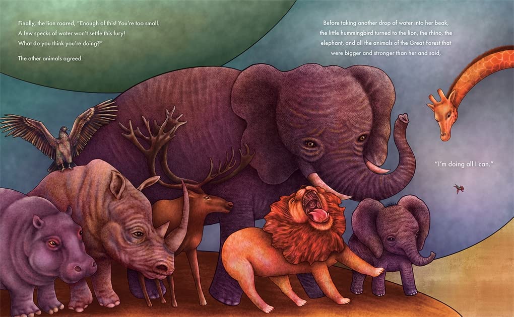 The Courage of the Little Hummingbird illustration showing a group of animals united with a small hummingbird.