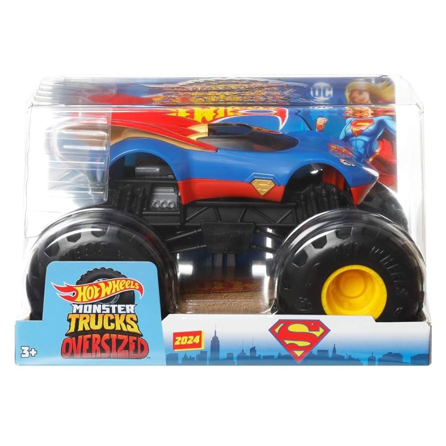 Hot Wheels monster truck styled with Superman theme, oversized wheels, and bright blue and red colors in clear packaging